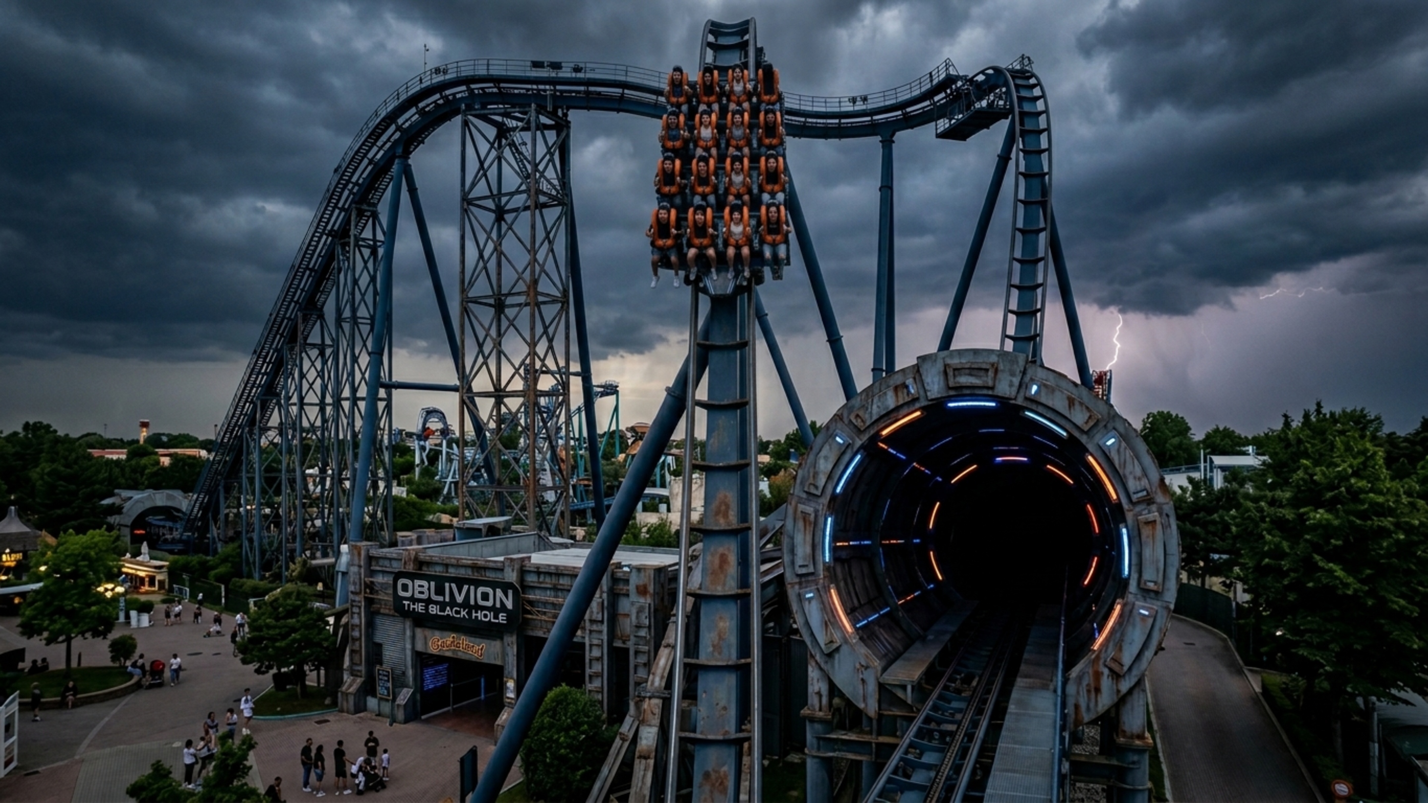 Oblivion, a montanha-russa Black Hole que tem uma queda quase vertical; e ai, vai encarar?