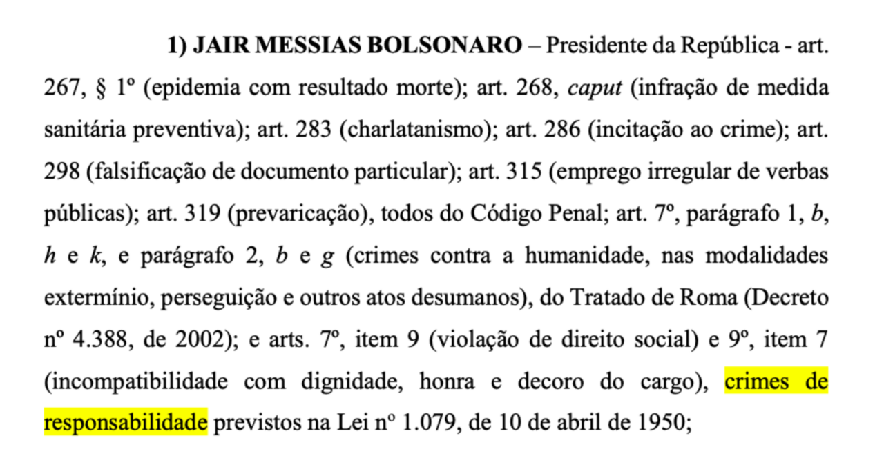 Trecho da CPI da Pandemia que pede o indiciamento de Jair Bolsonaro