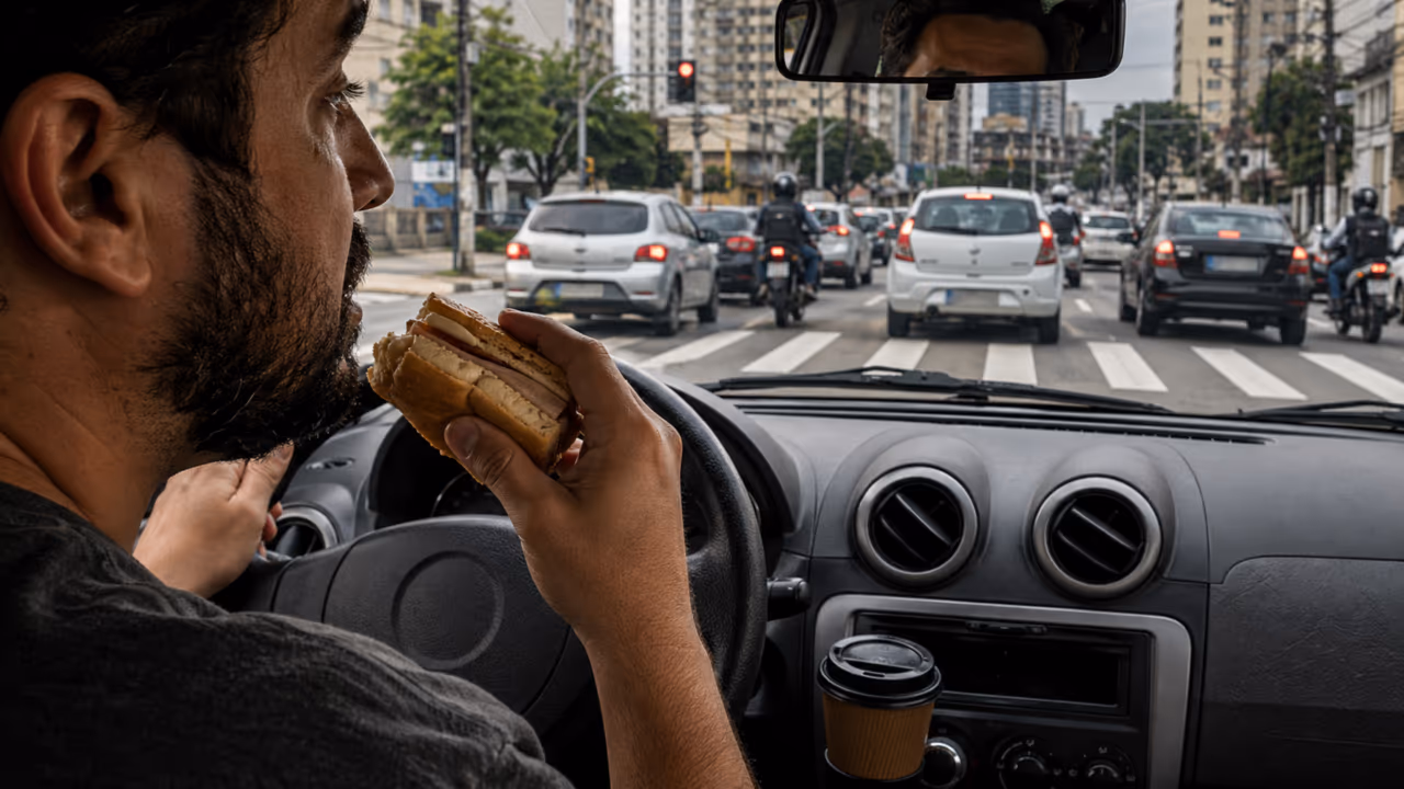 Comer ao volante parece inofensivo, mas pode virar multa e colocar sua CNH em risco
