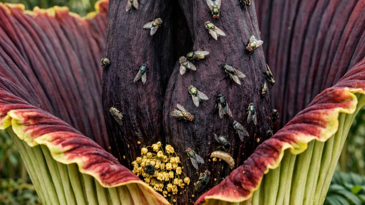 Essa planta solta um cheiro de cadáver que pode ser sentido de longe e atrai atenção por onde está