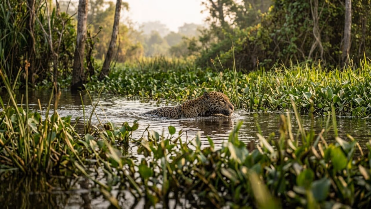 O segredo sombrio do Pantanal é revelado em raro flagrante de uma Onça-Pintada surgindo entre as águas