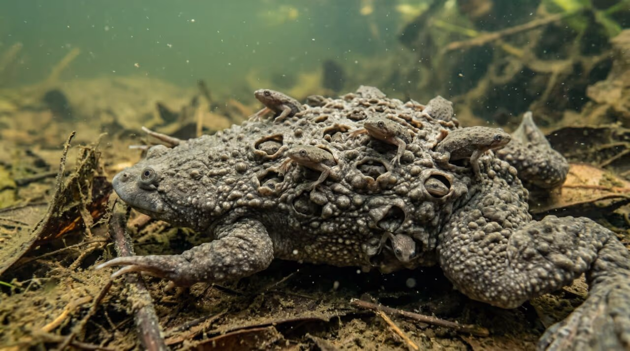 Esse sapo carrega os filhotes nas costas de um jeito tão estranho que parece invenção