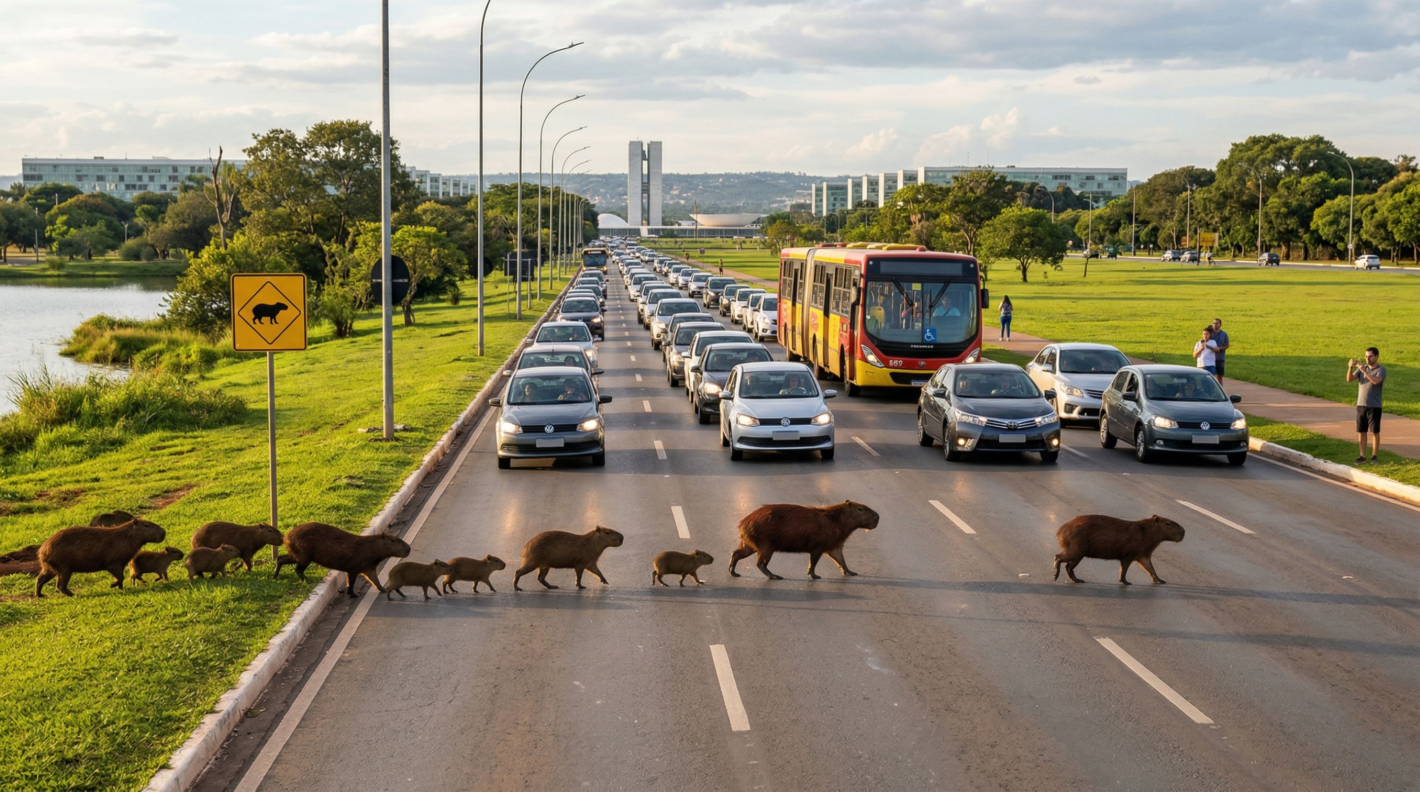 Grupo enorme de capivaras para o trânsito, atravessando a rua educadamente em Brasília