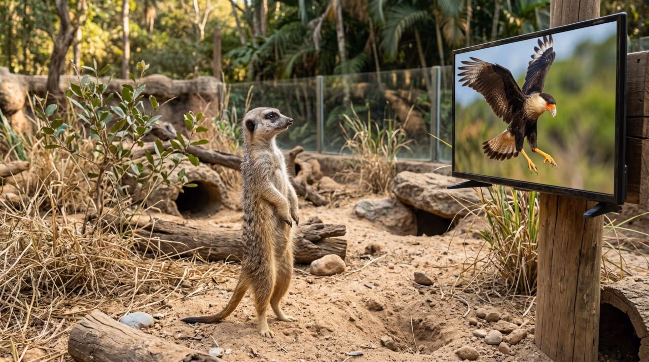 Suricato se assusta ao se deparar com predador pela TV e reação encanta