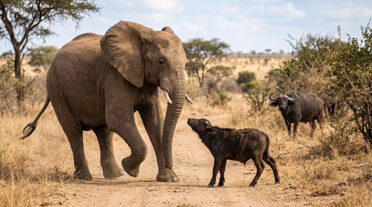 Búfalo bebê avança sem medo e elefante recua diante de tamanha coragem, enquanto mãe observa
