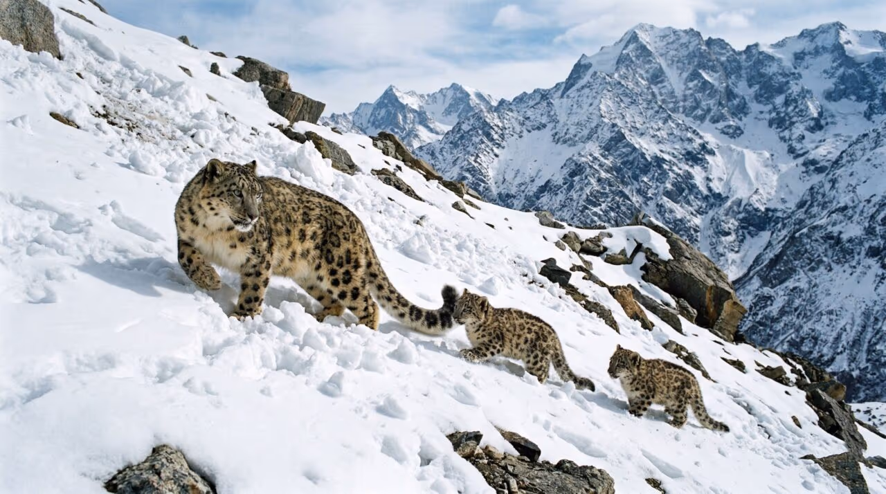 Leopardo-das-neves guia filhotes por área de avalanches e revela como a espécie sobrevive no extremo