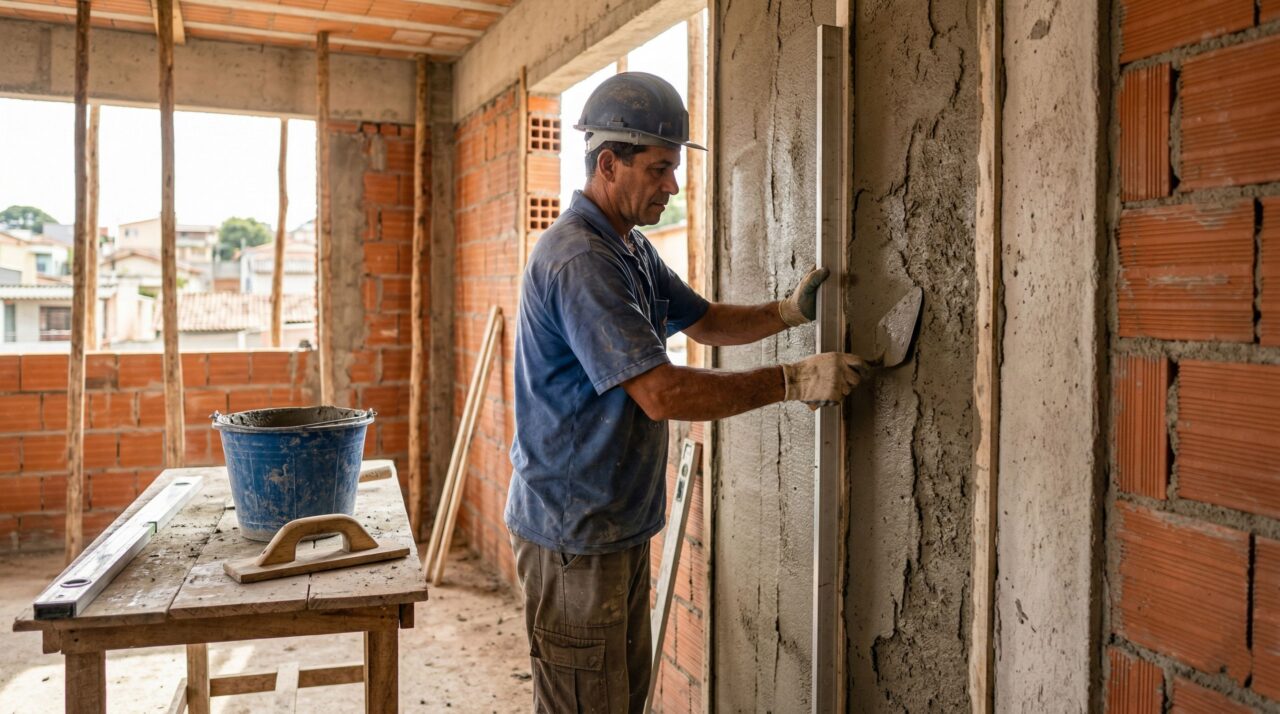 Pedreiro inova e usa método diferente de reboco que preenche parede em menos de 30 minutos