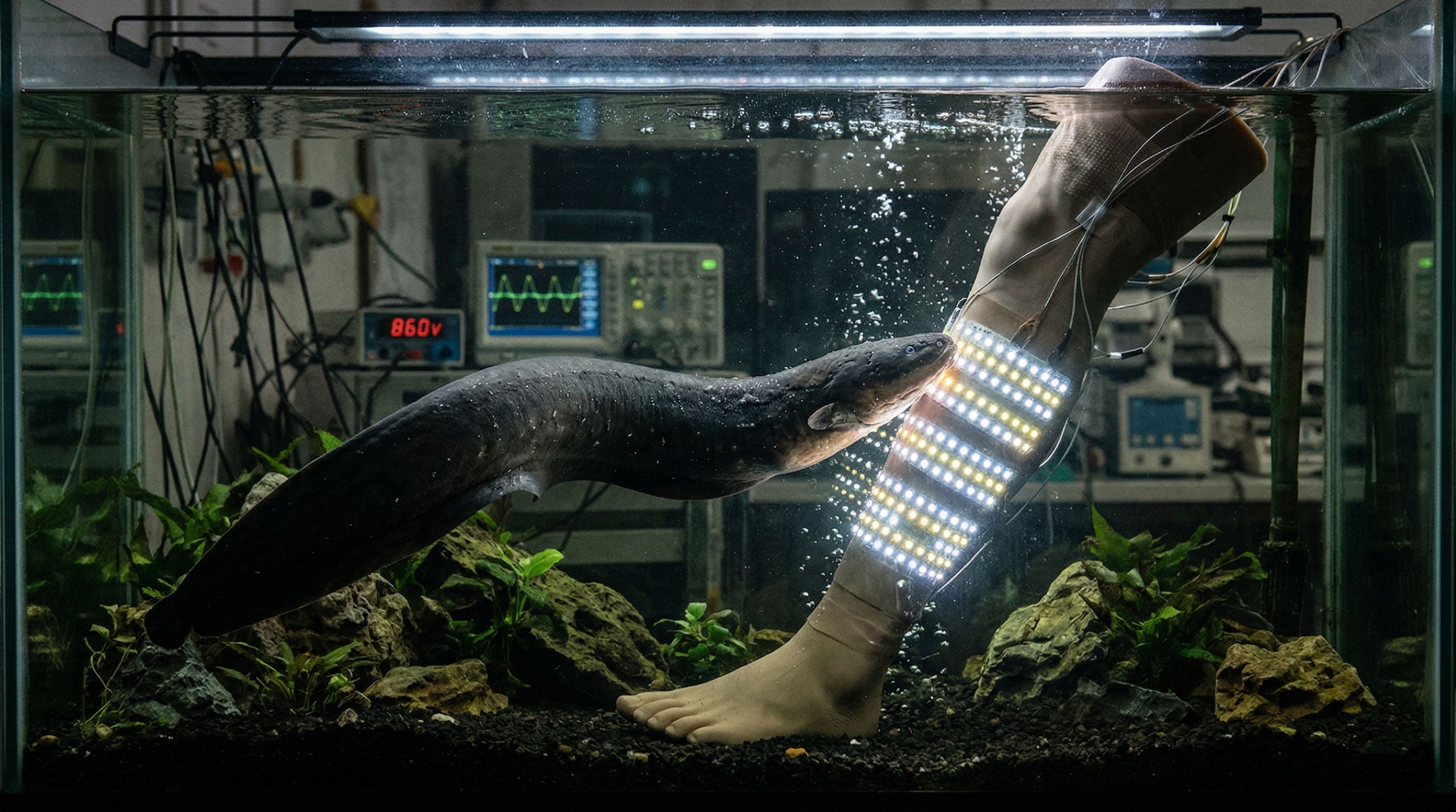 O experimento com enguia elétrica e LEDs revela um gerador vivo que surpreende pela descarga de 860 volts