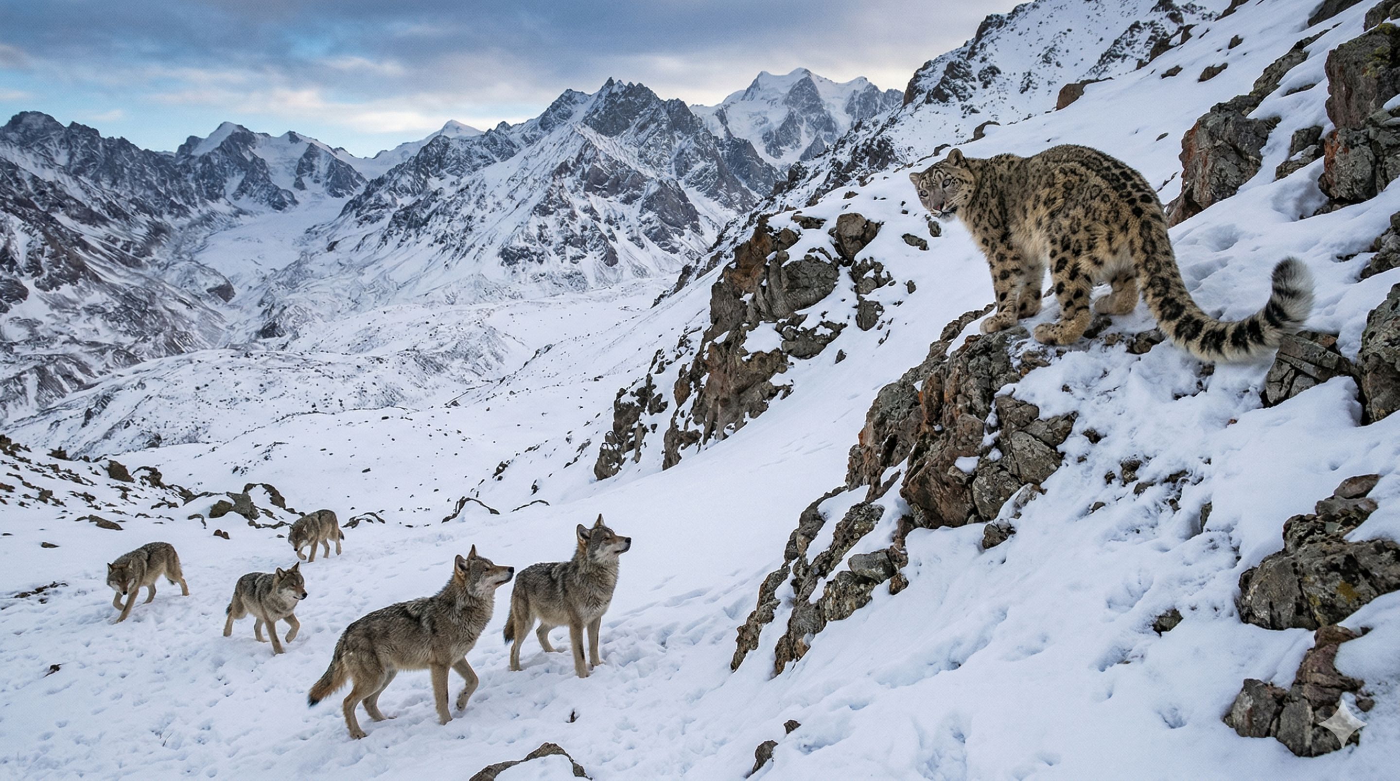 Flagra raro mostra como um leopardo-das-neves reage ao encontrar lobos