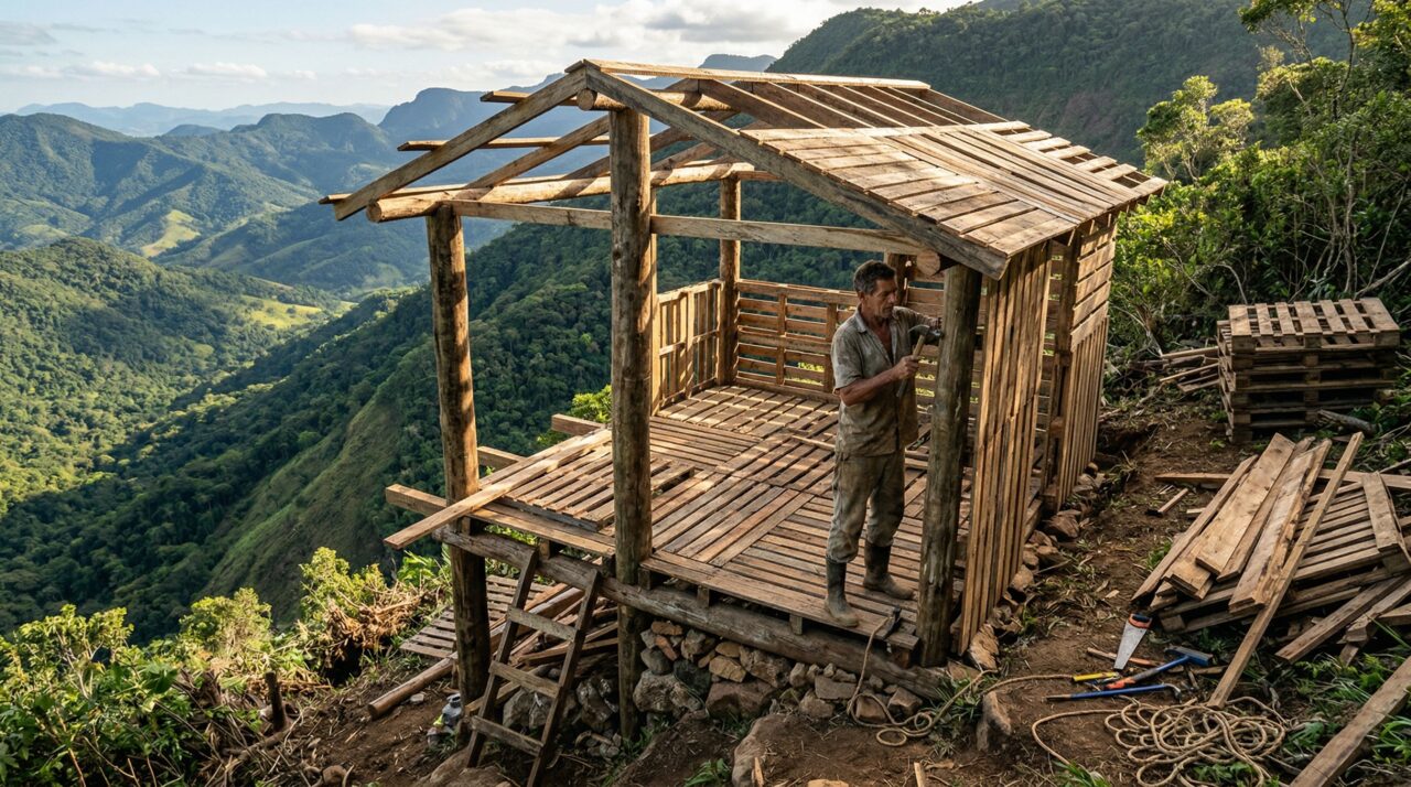 Homem constrói cabana usando paletes e toras abandonadas em uma montanha íngreme
