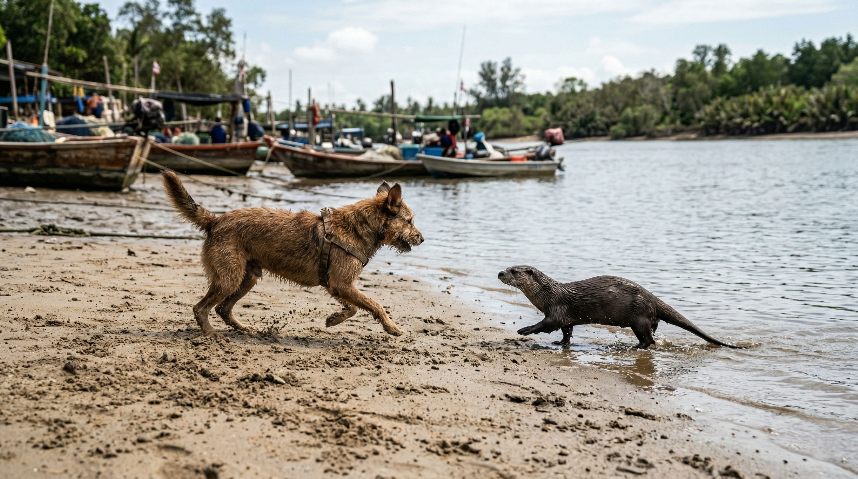 O encontro entre um cachorro e uma lontra vira cena fofa e divertida