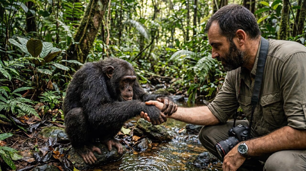 O que significa quando um chimpanzé segura a mão de um humano e surpreende com um gesto logo em seguida