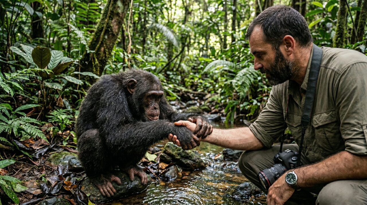 O que significa quando um chimpanzé segura a mão de um humano e surpreende com um gesto logo em seguida