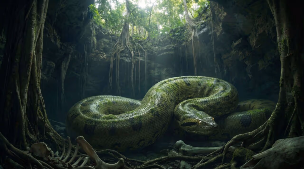 Sucuri gigante é flagrada vivendo isolada em buraco com mais de 100 metros de profundidade