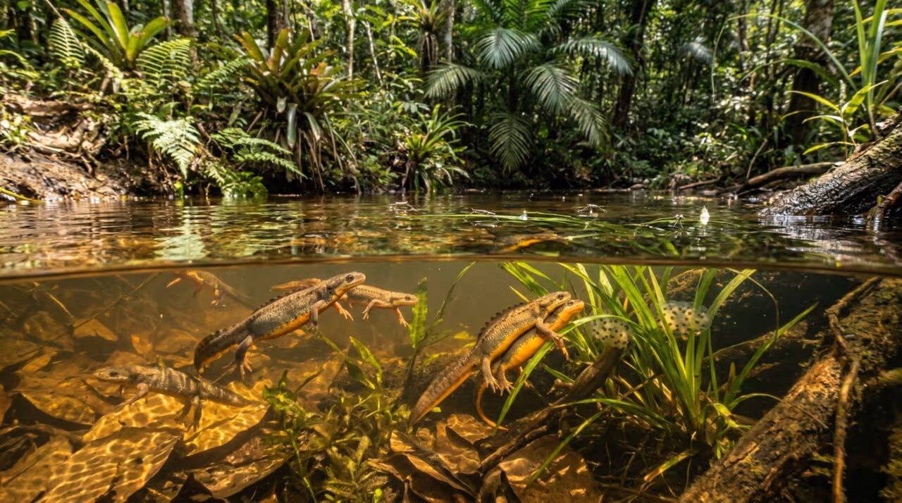 A presença desses anfíbios na água indica que o ecossistema está muito saudável