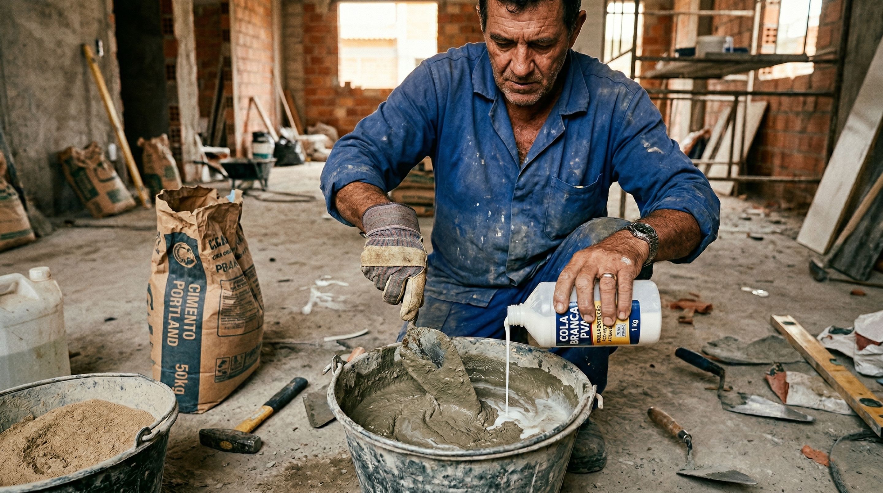 Misturar cimento com cola branca: a técnica de pedreiro que aumenta a resistência da argamassa