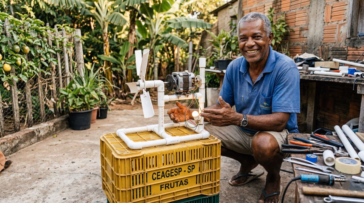 Encanador de 60 anos tem invenção genial e cria fonte de energia gratuita a partir de caixa de frutas e tubos PVC