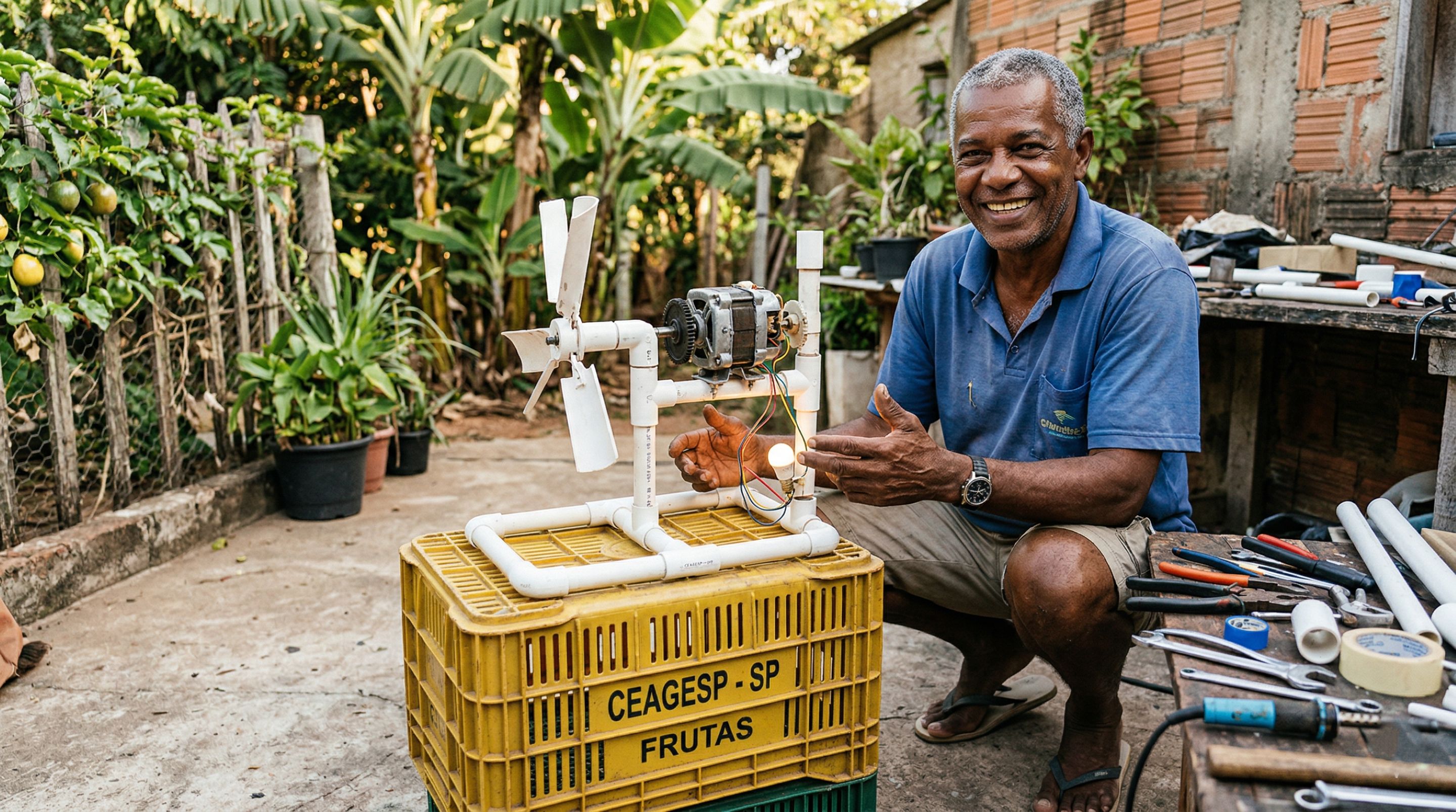 Encanador de 60 anos tem invenção genial e cria fonte de energia gratuita a partir de caixa de frutas e tubos PVC