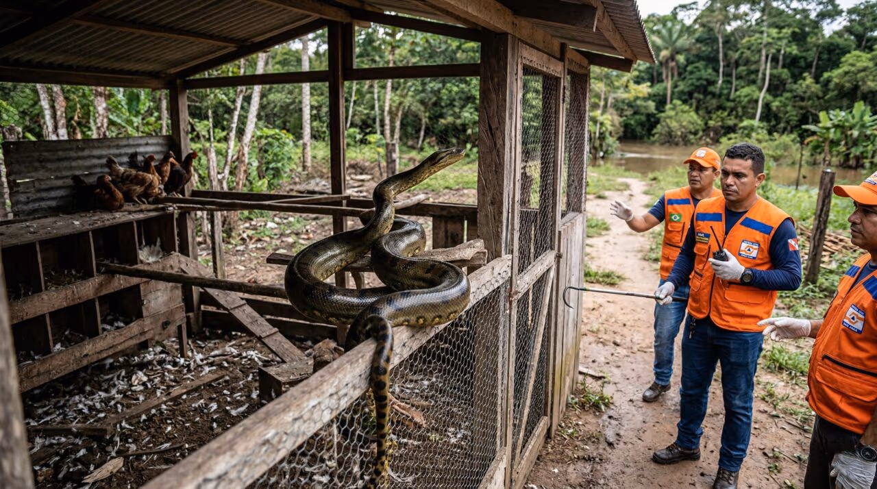 Sucuri gigante é encontrada dentro de galinheiro e mobiliza Defesa Civil