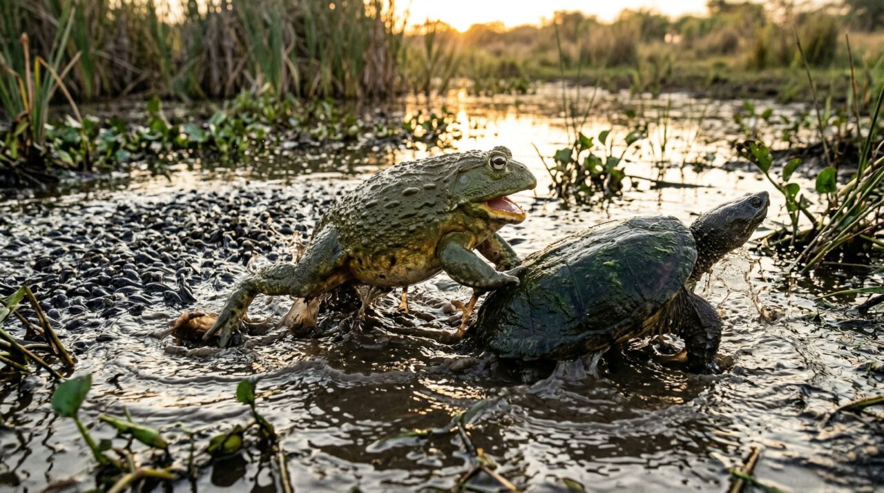 Sapo-touro gigante dá uma surra em tartaruga metida que se aproximou demais dos giniros