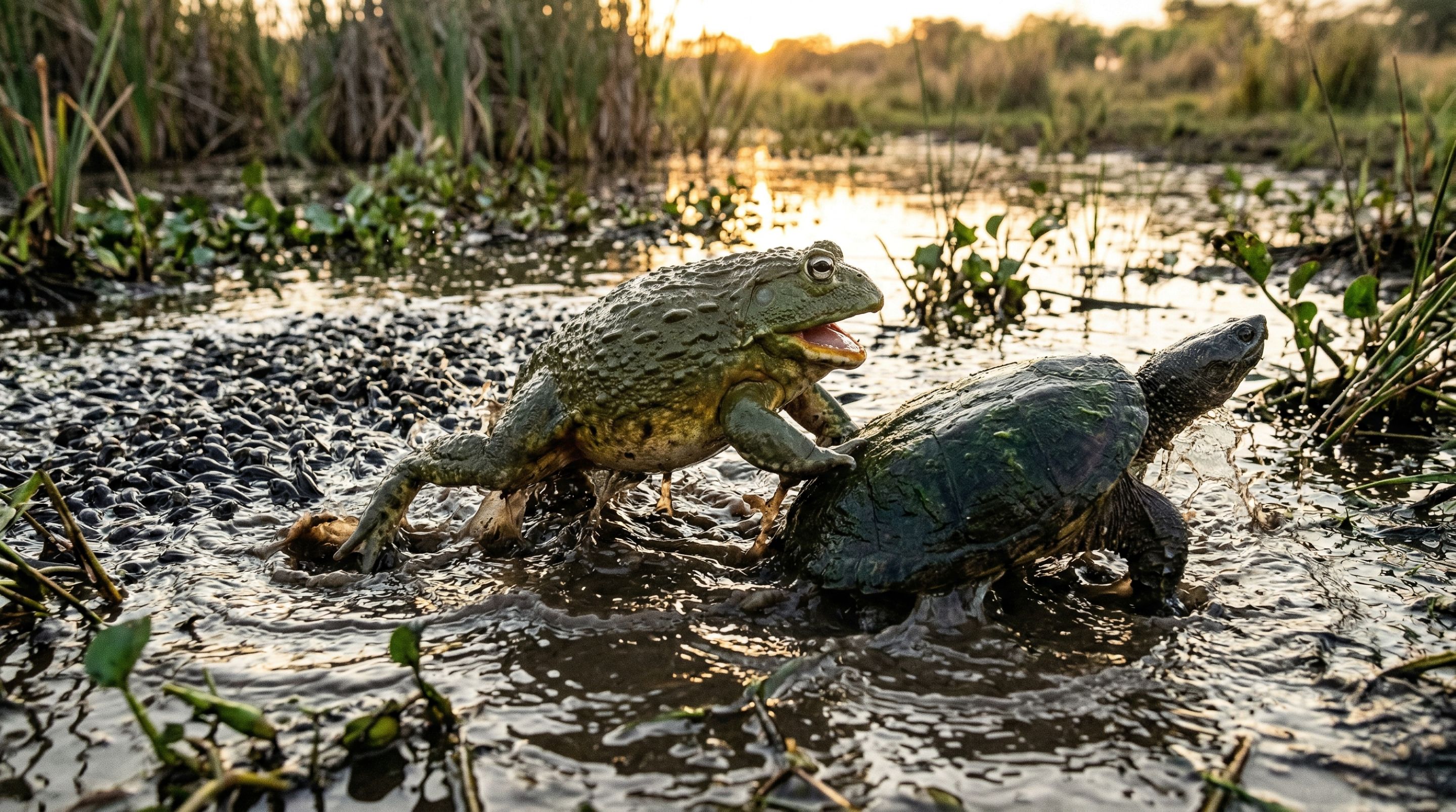 Sapo-touro gigante dá uma surra em tartaruga metida que se aproximou demais dos giniros