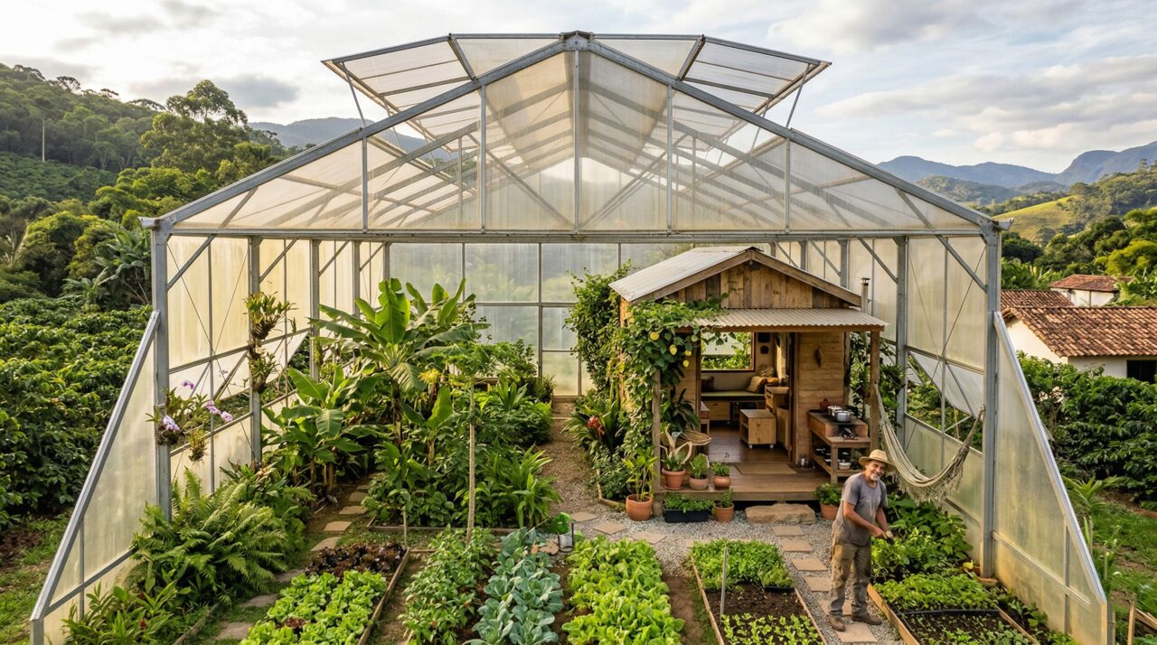 Ele mora dentro de uma estufa de 300 m² com alimentos à vontade e não paga conta de luz
