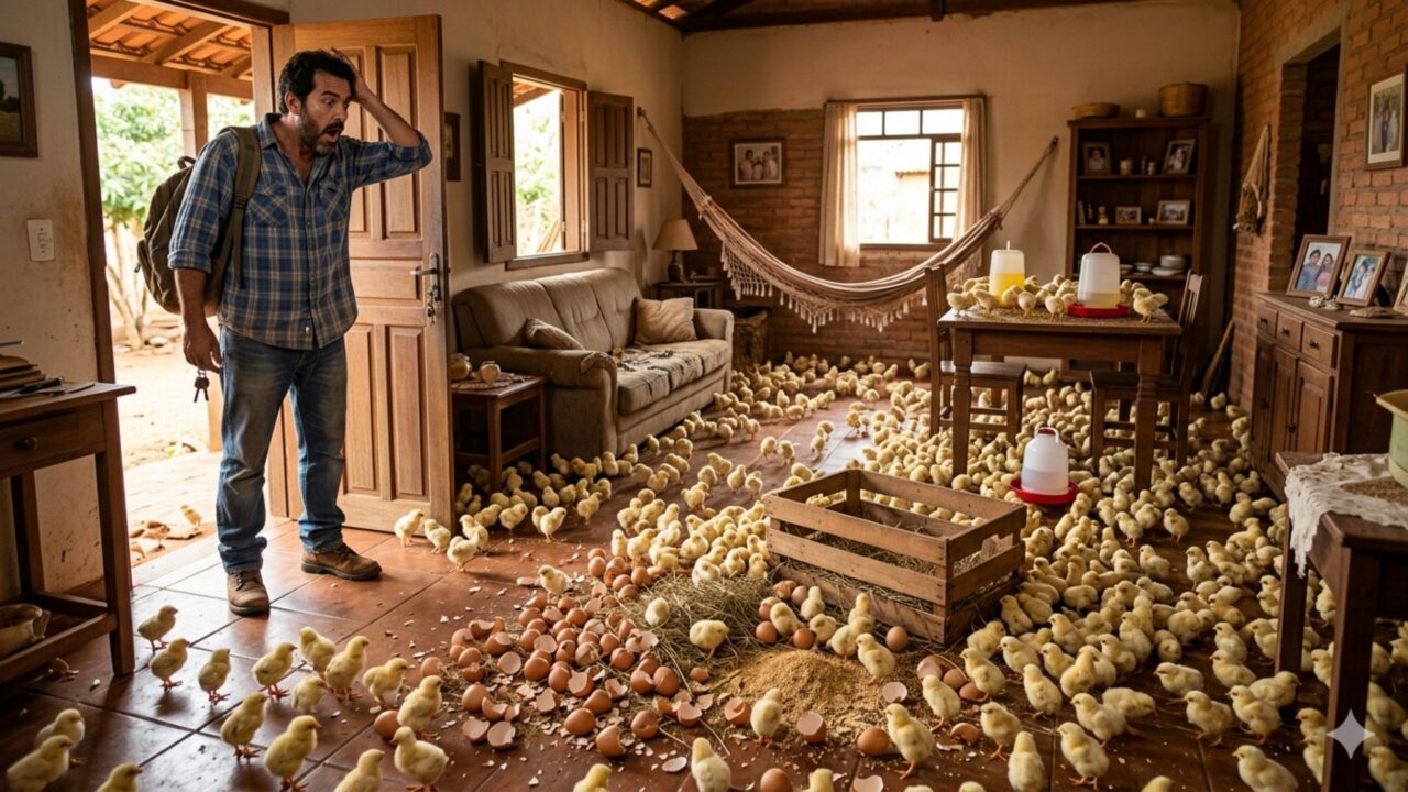 Homem volta para casa após passar dias fora e a encontra tomada por 70 pintinhos nascidos dos ovos que havia comprado