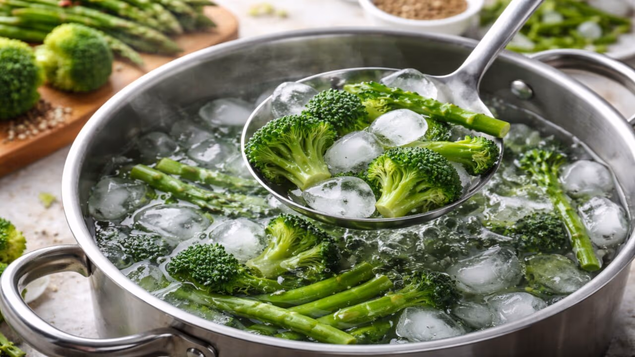 Jogar gelo na panela no final da preparação dos legumes; por que alguns chefs fazem isso?