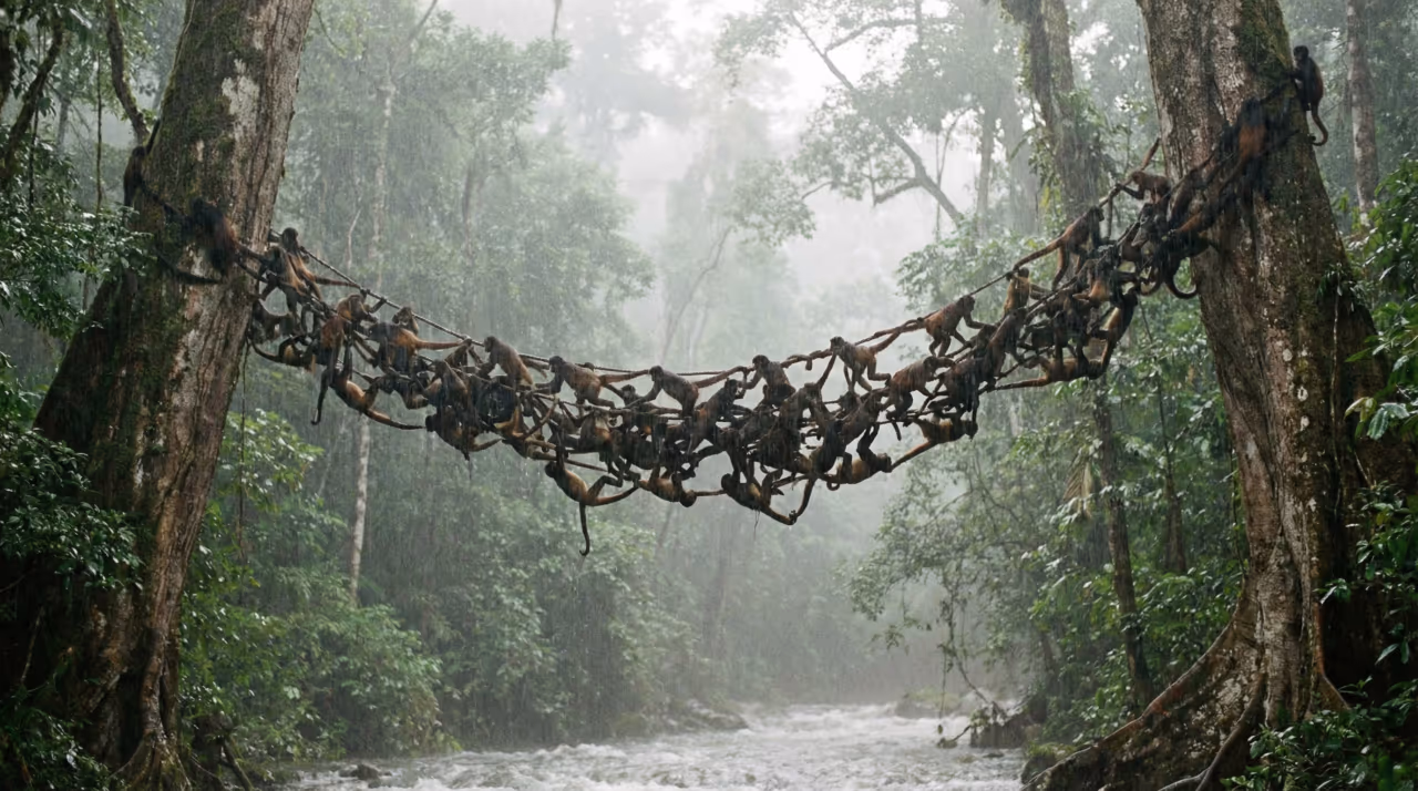 Macaco-aranha na floresta brasileira forma ponte viva com seu corpo para passar família em vazio entre árvores em meio à neblina e chuva