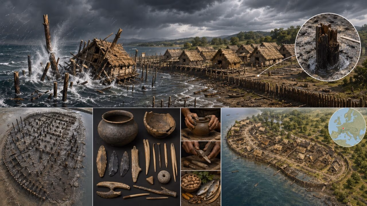 Mais de 1300 postes a uma profundidade de 5 metros revelam que tempestades e enchentes devastaram assentamento neolítico às margens do Lago Biel há 5.860 anos