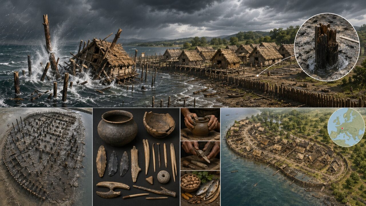 Mais de 1300 postes a uma profundidade de 5 metros revelam que tempestades e enchentes devastaram assentamento neolítico às margens do Lago Biel há 5.860 anos