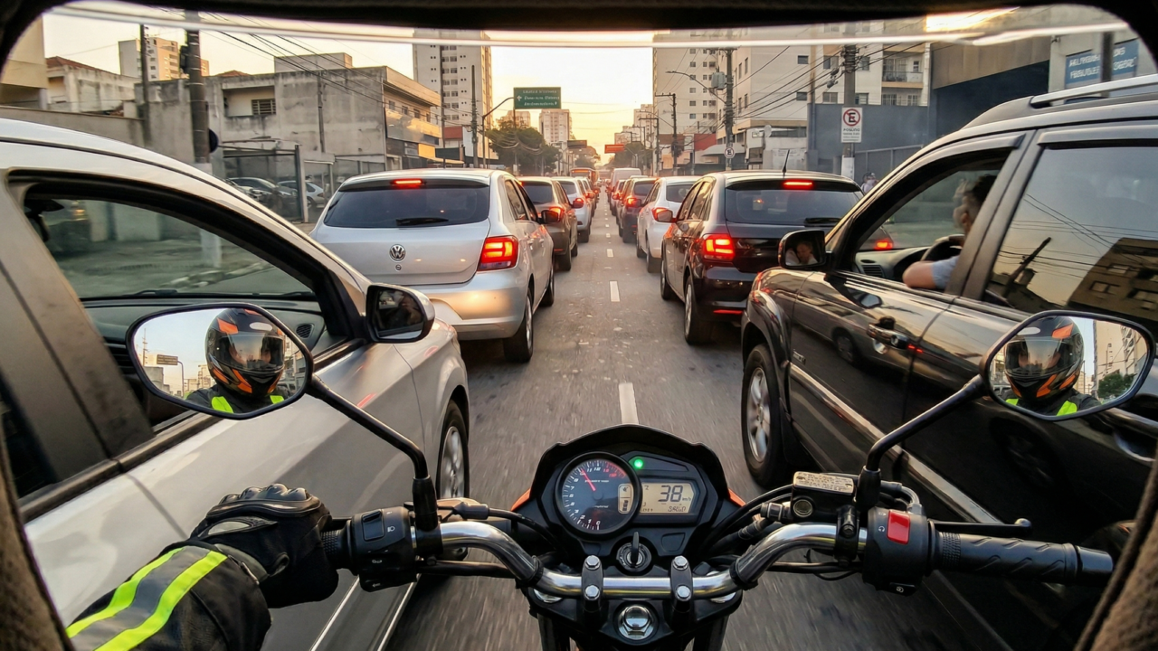 Corredor de moto expõe o conflito entre agilidade, hábito urbano e risco no trânsito