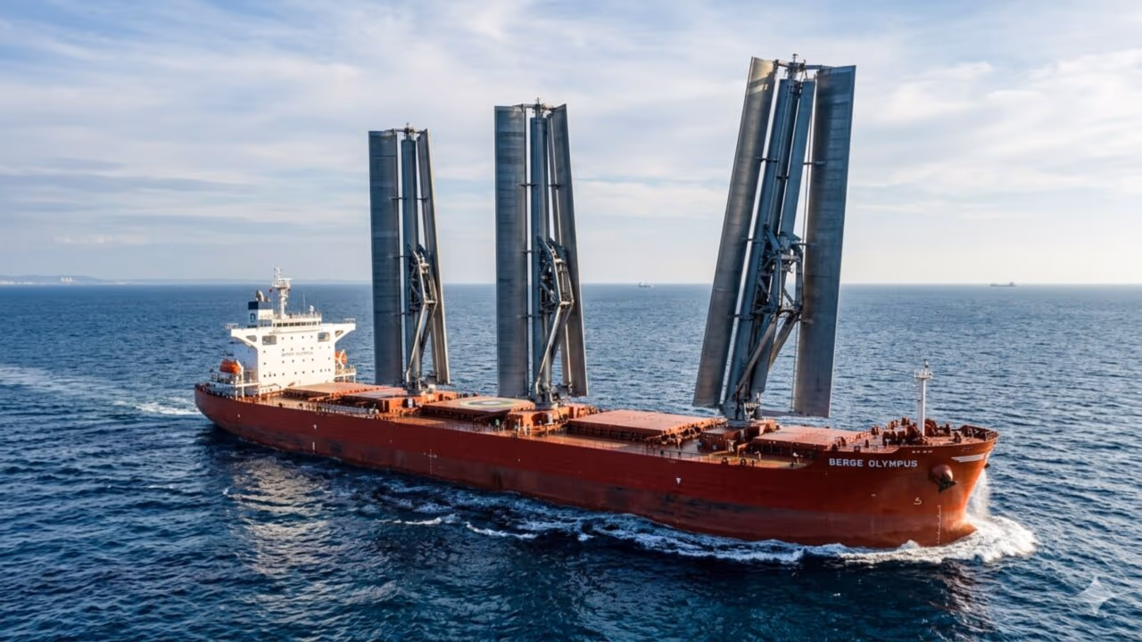 O navio gigante movido a enormes “velas robóticas” de aço que está ressuscitando a era dos ventos no oceano