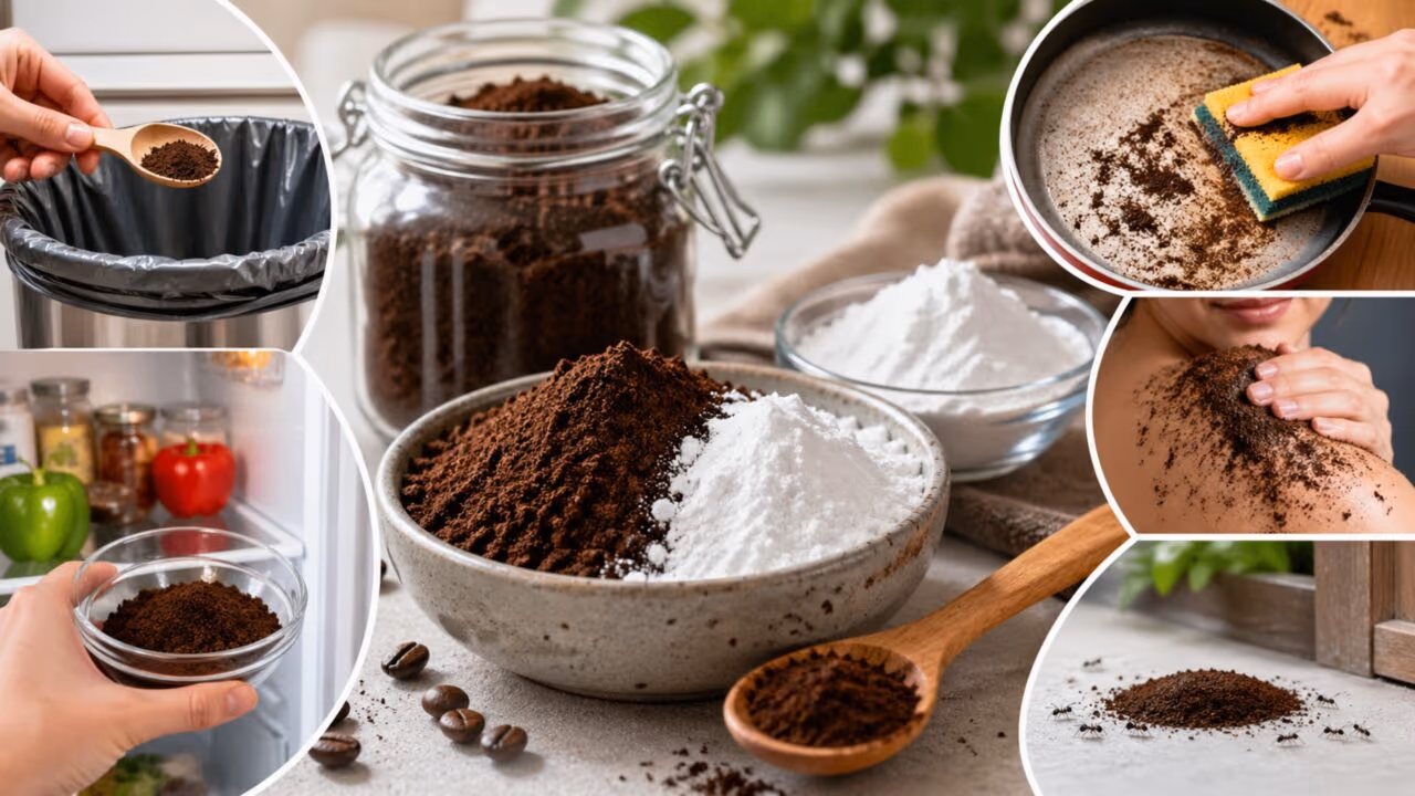 Por que é recomendado misturar café usado com bicarbonato de sódio e para que serve