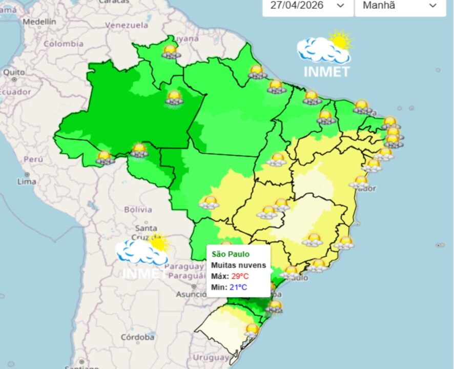 Previsão do tempo aponta chegada de frente fria acompanhada de chuva no Sudeste