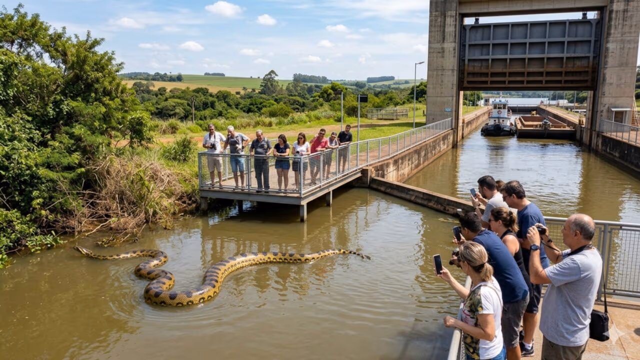 Uma sucuri gigante virou a nova atração do Rio Tietê