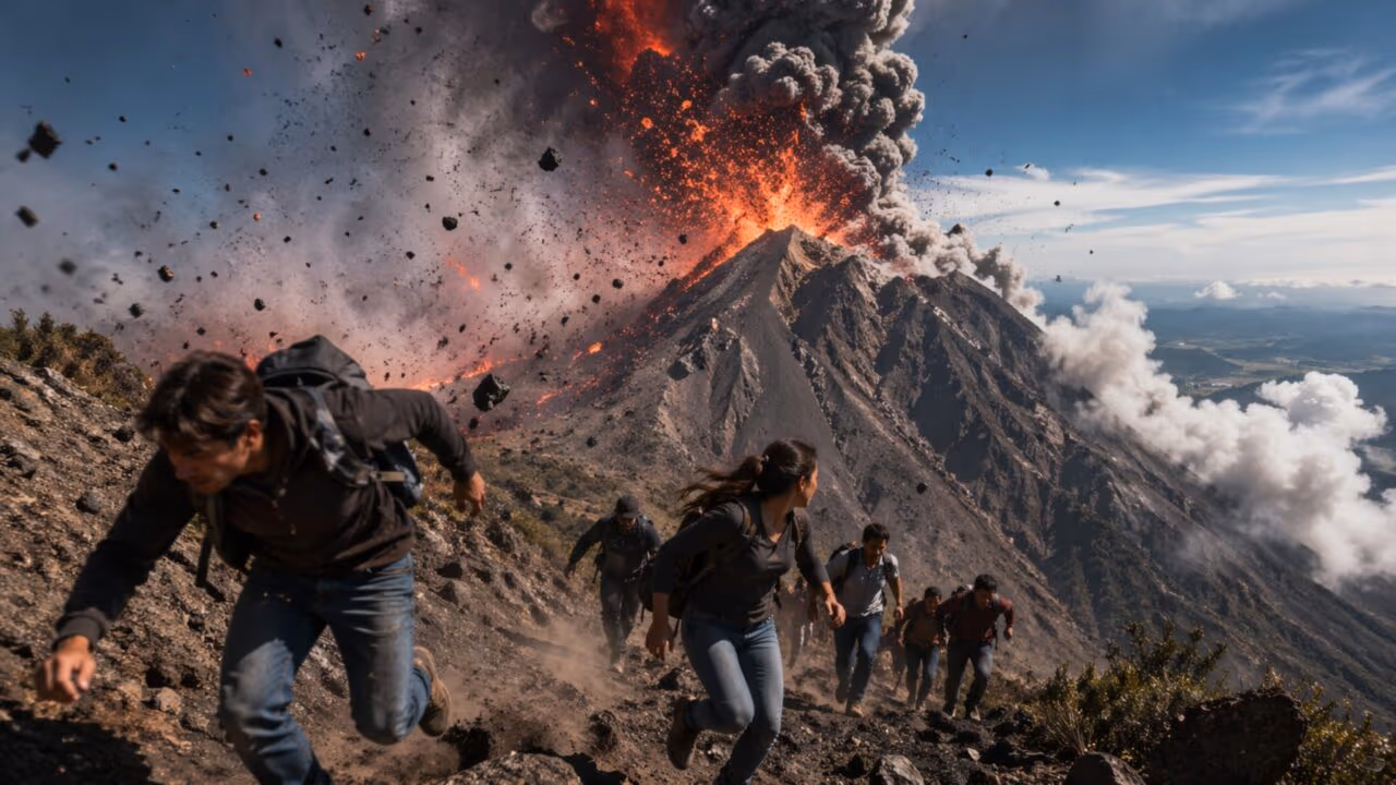 Vulcão entra em erupção e explode na cara de turistas durante escalada; eles registraram tudo com suas câmeras enquanto fugiam