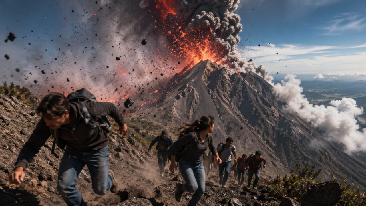 Vulcão entra em erupção e explode na cara de turistas durante escalada; eles registraram tudo com suas câmeras enquanto fugiam