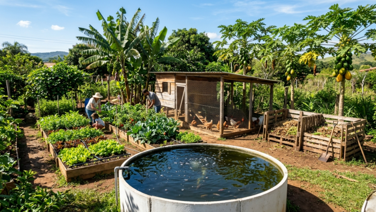 Com um investimento baixíssimo você conseguirá produzir sua própria comida com um sistema que integra peixes, galinha, horta, compostagem e minhocas