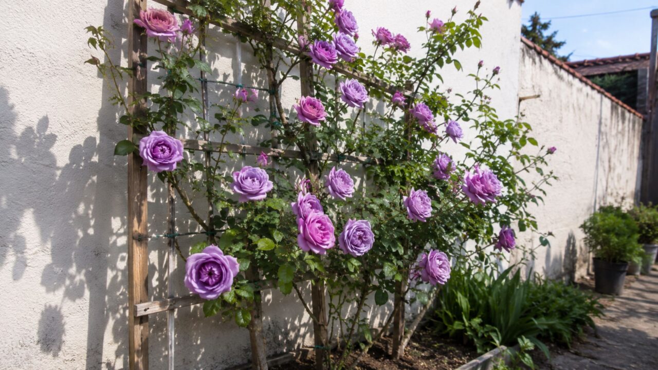 Rise Up Lilac Days cresce como arbusto ou mini-trepadeira e floresce melhor com sol pleno