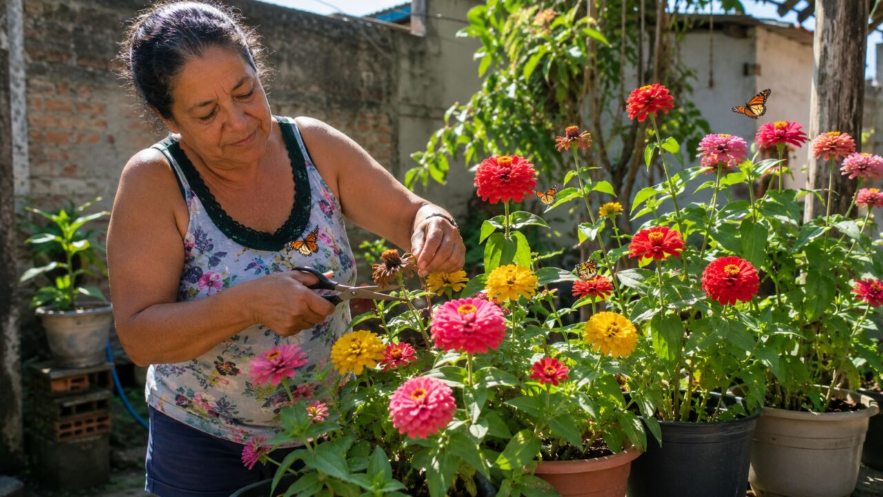 Zínias gostam de sol pleno, florescem rápido e atraem borboletas com facilidade