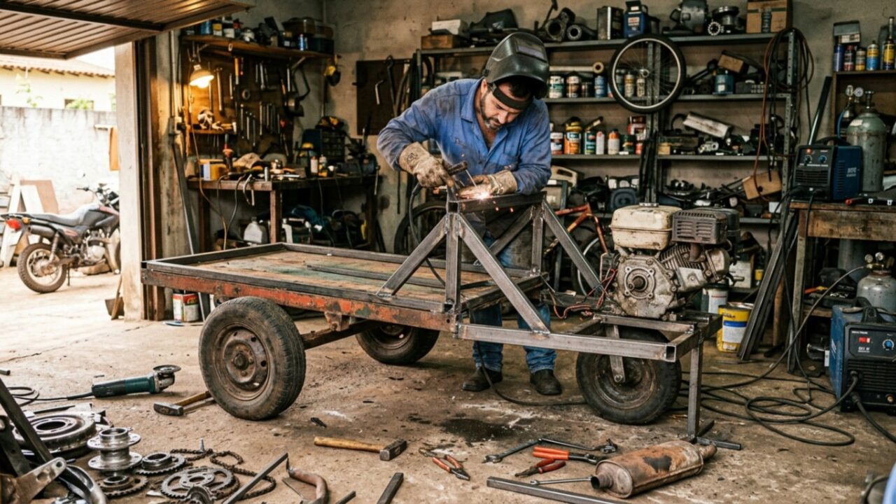 Brasileiro transformou um carrinho de carga em mini trator com motor de 6,5 cv, marcha à ré, diferencial bloqueado e velocidade de 42 km/h