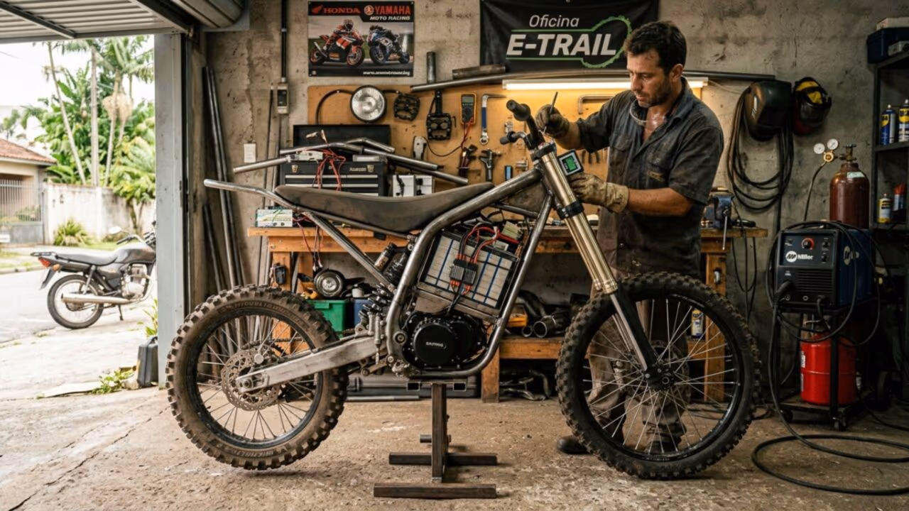 Sem dinheiro para comprar uma bike elétrica potente, brasileiro começou a fabricar a própria máquina de trilha