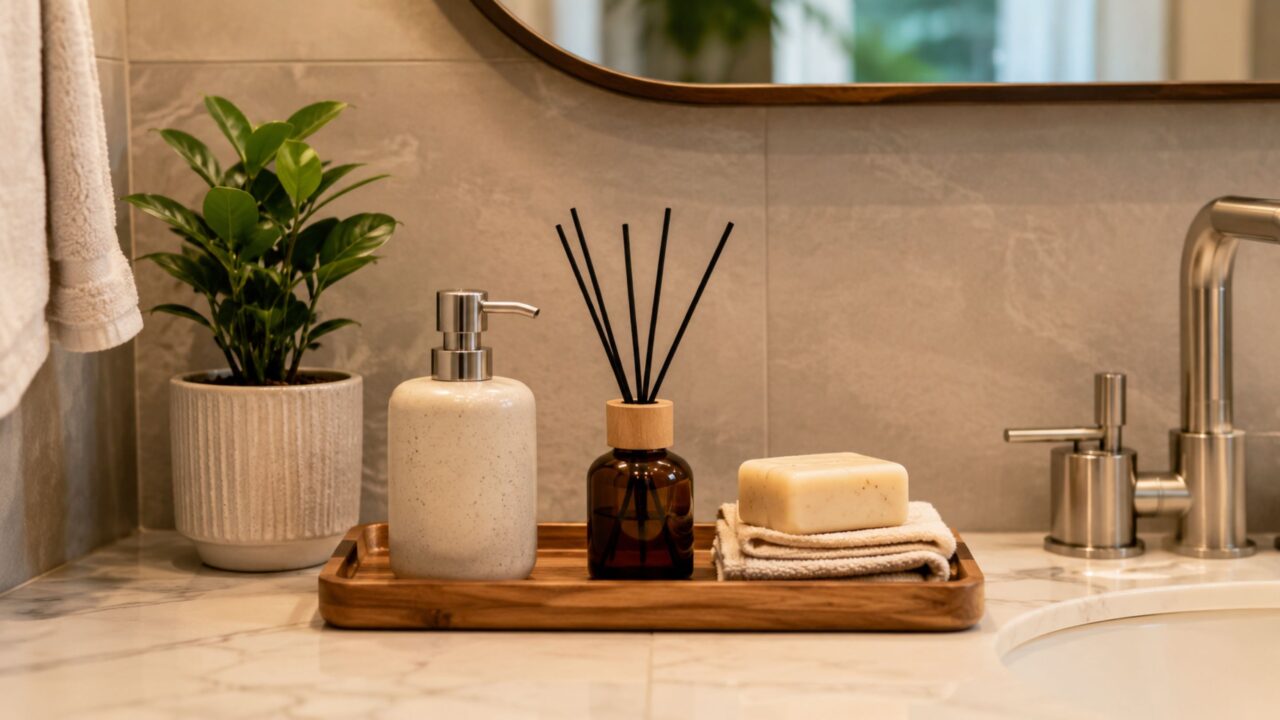 Organização, luz e poucos objetos criam aparência de banheiro de hotel.
