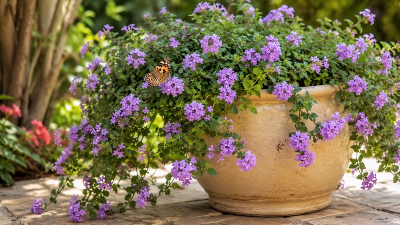 Lantana-rasteira combina flores roxas, porte baixo e fácil cultivo em vasos