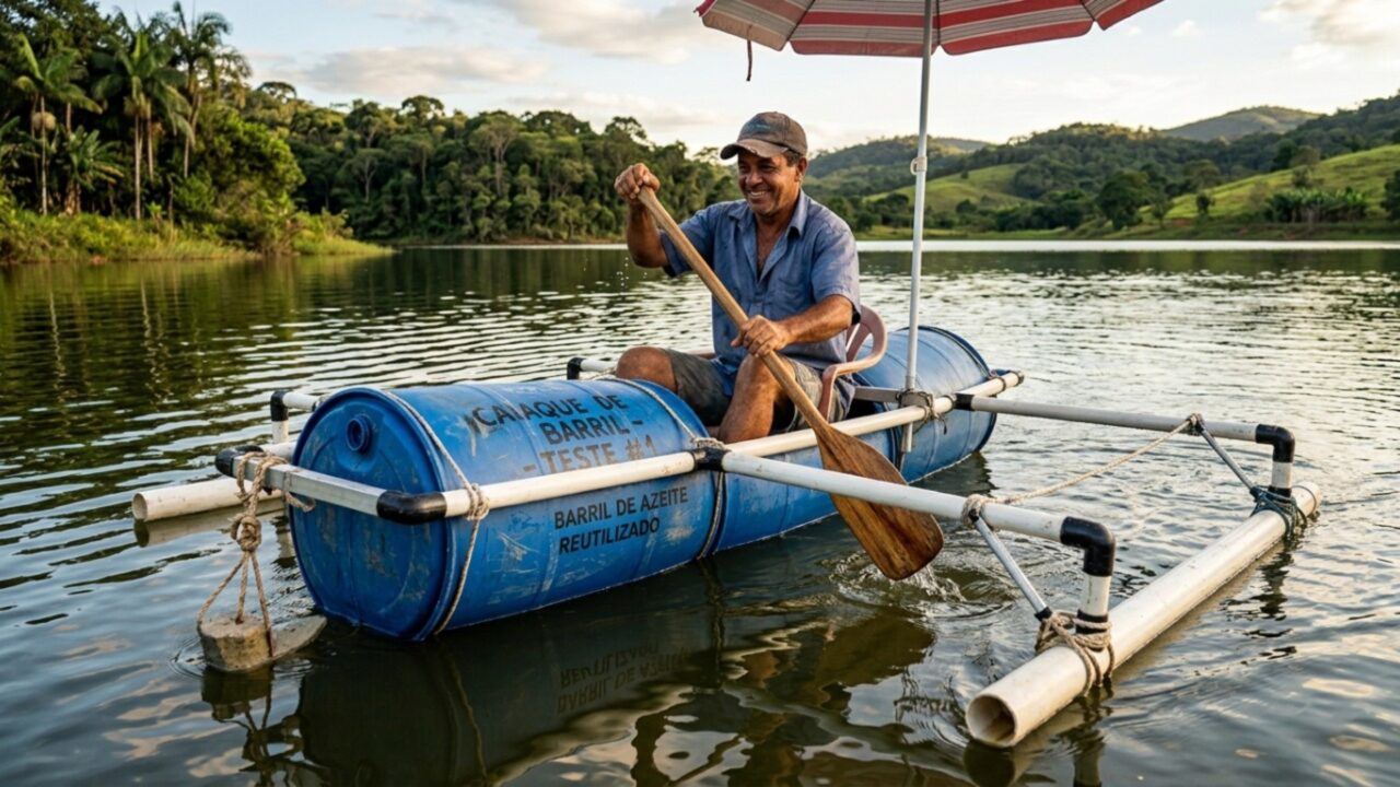Brasileiro transformou um tambor de azeitona em caiaque artesanal com canos de PVC, guarda-sol, âncora de 8 kg e teste em lago de 10 metros
