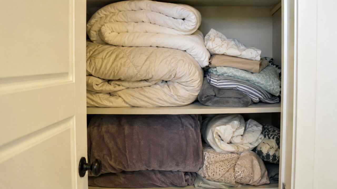 Pare de sobrecarregar os armários de roupa de cama com a melhor maneira de organizar cobertores