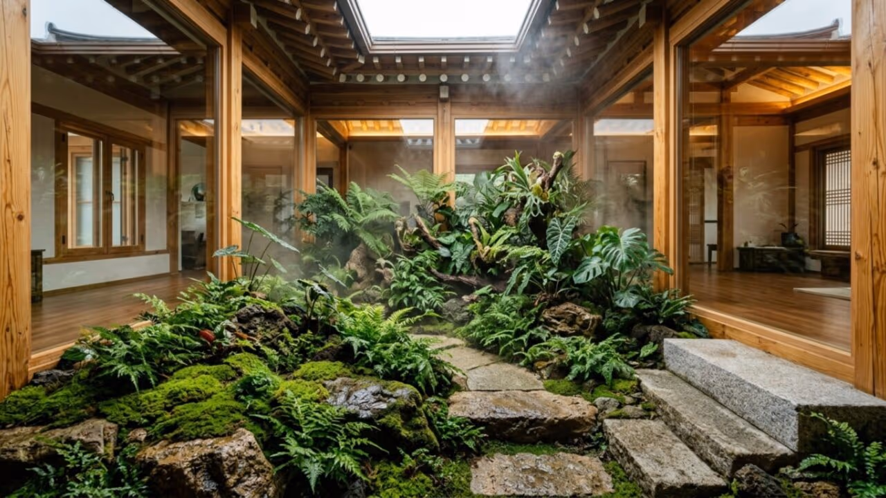 Jardim interno com musgos e plantas tropicais mostra o segredo para transformar um pátio vazio em ecossistema vivo