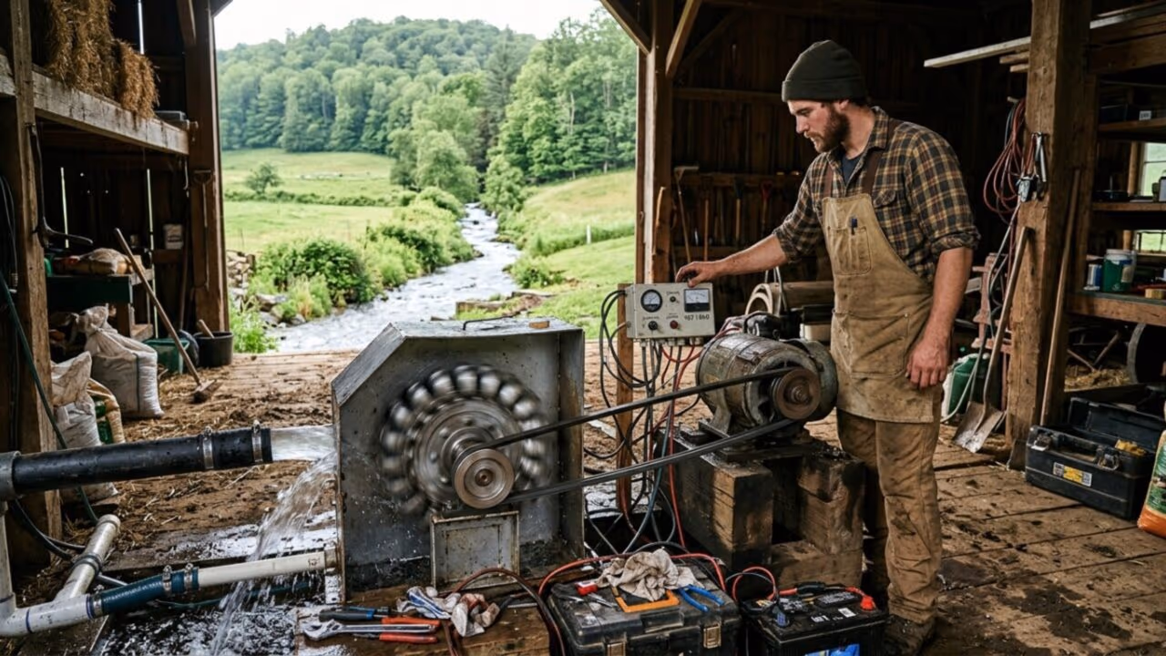 Agricultor transforma riacho da fazenda em usina caseira gerando 2.5 kW de energia elétrica todos os dias do ano utilizando um motor de indução