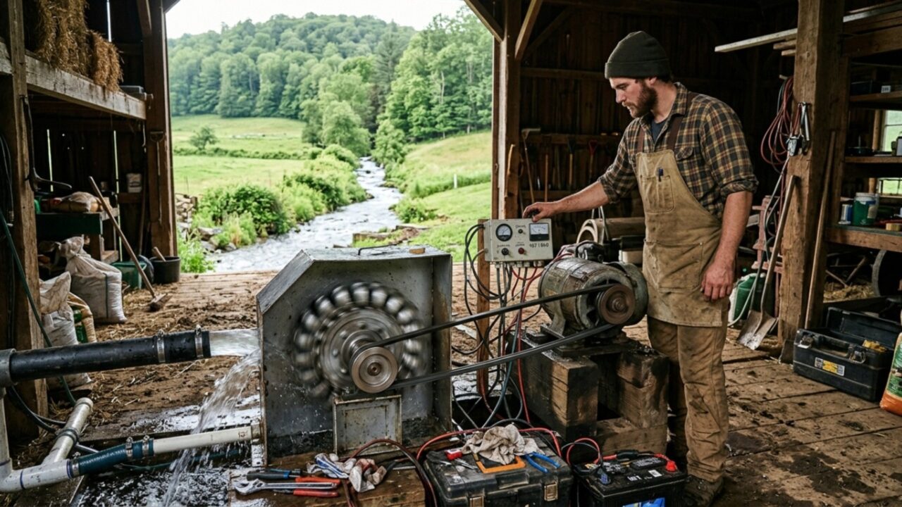 Agricultor transforma riacho da fazenda em usina caseira gerando 2.5 kW de energia elétrica todos os dias do ano utilizando um motor de indução
